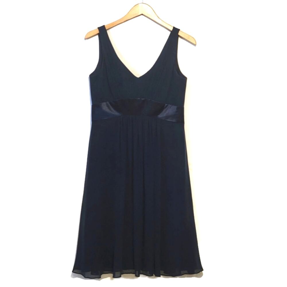 Ann Taylor Dark Blue Silk Sleeveless Midi Dress V-Neck V-Back A-Line Classic 6 - Picture 2 of 13
